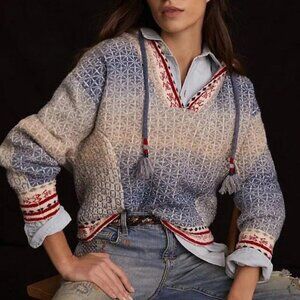 Anthropologie Abstract Hoody Size‎ Small S Blue Pullover Tassel Sweater